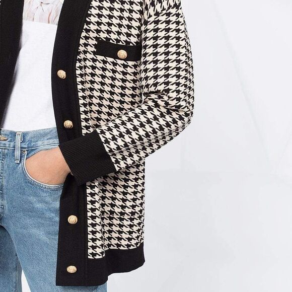 Sandro Long Houndstooth V-Neck Cardigan Sweater (authentic) Women’s Size 1-Paris - Picture 4 of 15